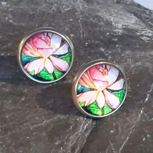 Lotus Flower Zen Garden Pink Green Antiqued Brass Stud Handcrafted Earrings - Picture 3 of 8